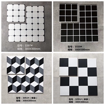 Simple black plaid kitchen floor tiles 300X300 balcony antique brick black and white geometric small flower tiles Nordic antique