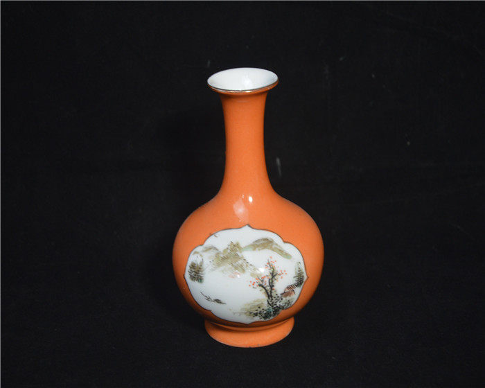 民國時期珊瑚紅開彩粉彩山水花瓶古董古玩瓷器收藏擺件舊貨老物件