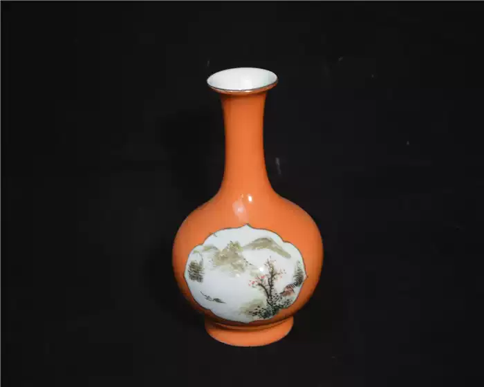 民國時期珊瑚紅開彩粉彩山水花瓶古董古玩瓷器收藏擺件舊