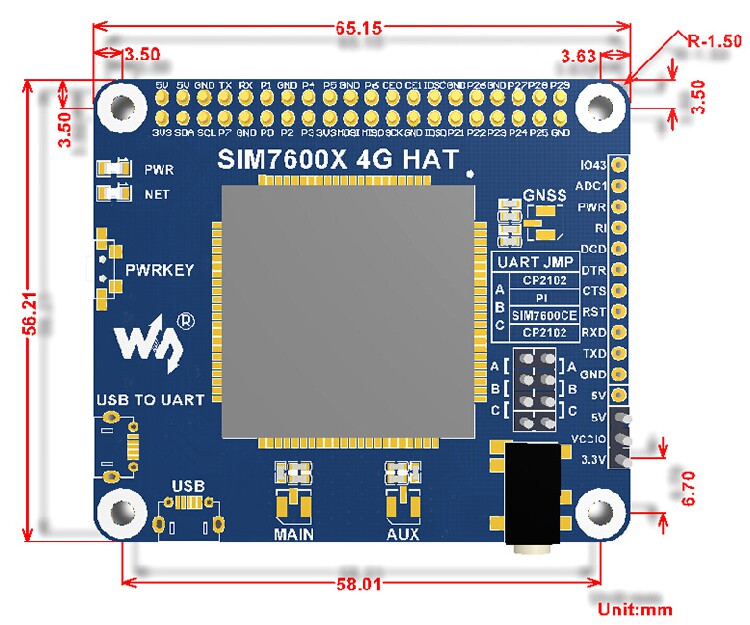 SIM7600CE-4G-HAT диаграмма размера