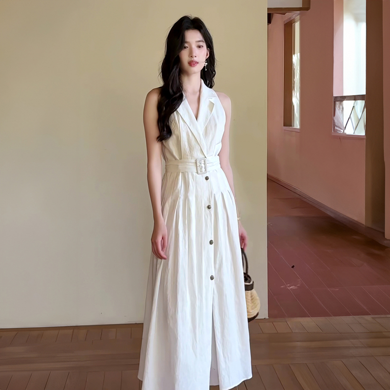 French-Style White Long Linen Tank Dress for Women 2026 New Polo Collar Sleeveless Shirt Dress with Waist-Cinching Long Skirt