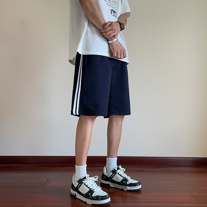 Primary and Secondary School Uniform Shorts for Boys and Girls, Summer Pure Cotton Children's Navy Blue Youth Two-Stripe Sports Shorts