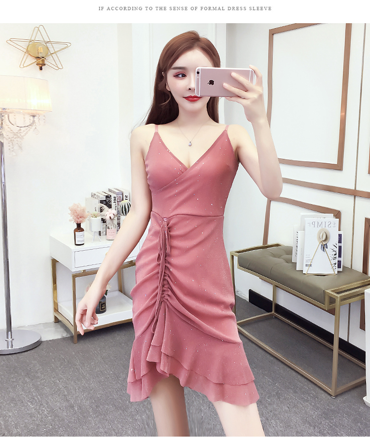 VK旗艦店 韓系交叉V領亮片網紗荷葉邊細肩帶無袖洋裝