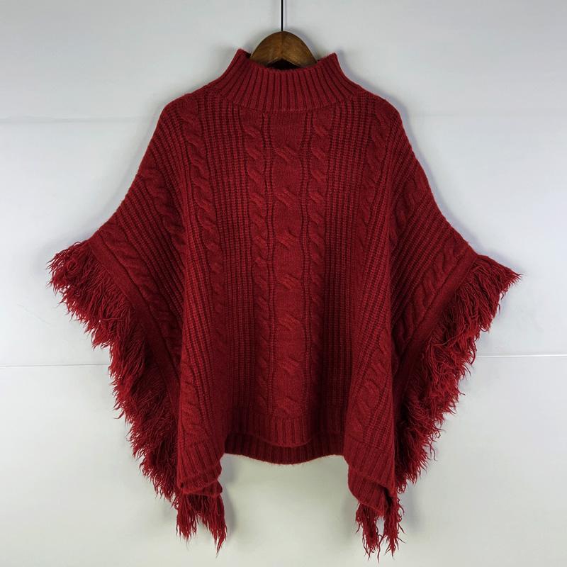 High-End Half-High Collar Tassel Sweater for Women, Pullover, New Autumn and Winter Style, Internet Celebrity High-End Outerwear Cape, Thick Knitted Shawl