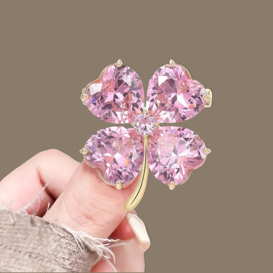 pink four leaf clover brooch – crystal zircon elegant suit coat accessory