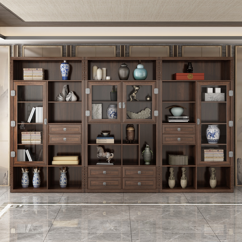 New Chinese-style solid wood bookcase combination cabinet whole wall with glass door study ebony bookcase bookshelf cabinet furniture
