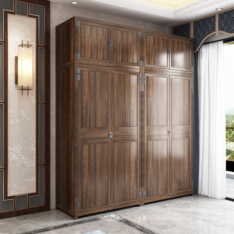 New Chinese-style solid wood four-door wardrobe with top cabinet bedroom wardrobe complete set of wooden all solid wood ebony Chinese furniture