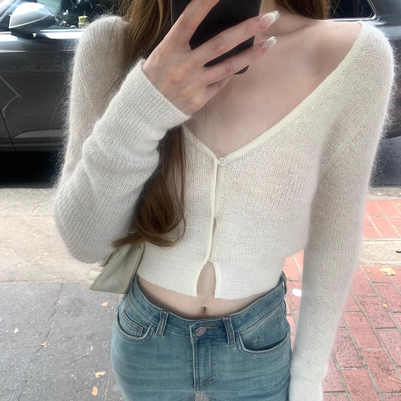 In-Stock Wool/Love Island Soft Mohair Slim-Fit Short Cardigan Thin Style