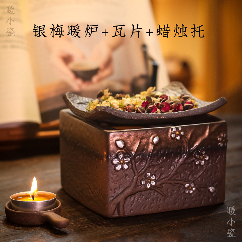 Silver Plum Ceramic Tea Warmer Retro Heating Incense Burner Tea Roasting Stove Incense Enhancer Tea Warmer Hot Tea Warmer