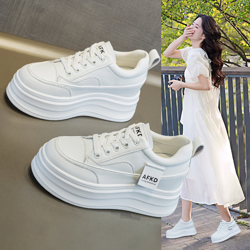 10cm Height-Increasing Genuine Leather Versatile White Sneakers for Women, Suitable with Skirts, Platform Thick-Soled 8cm Casual Women's Shoes for Petite Individuals