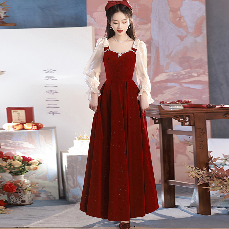 2026 New Style Bride Wedding Attire for the Toast Ceremony, Large Size Velvet Dress with Elegant French Style for Engagement Ceremony