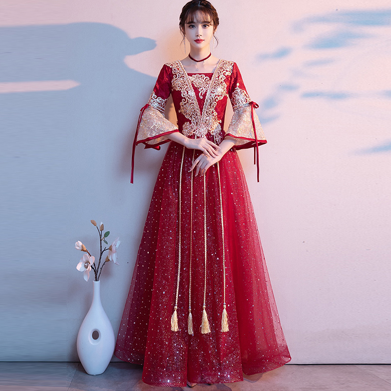 Bride's Burgundy Toast Dress for Pregnant Women, Plus Size, Conceals Belly, Slimming, Wedding Dress for Women, Chinese Style, High-End and Elegant