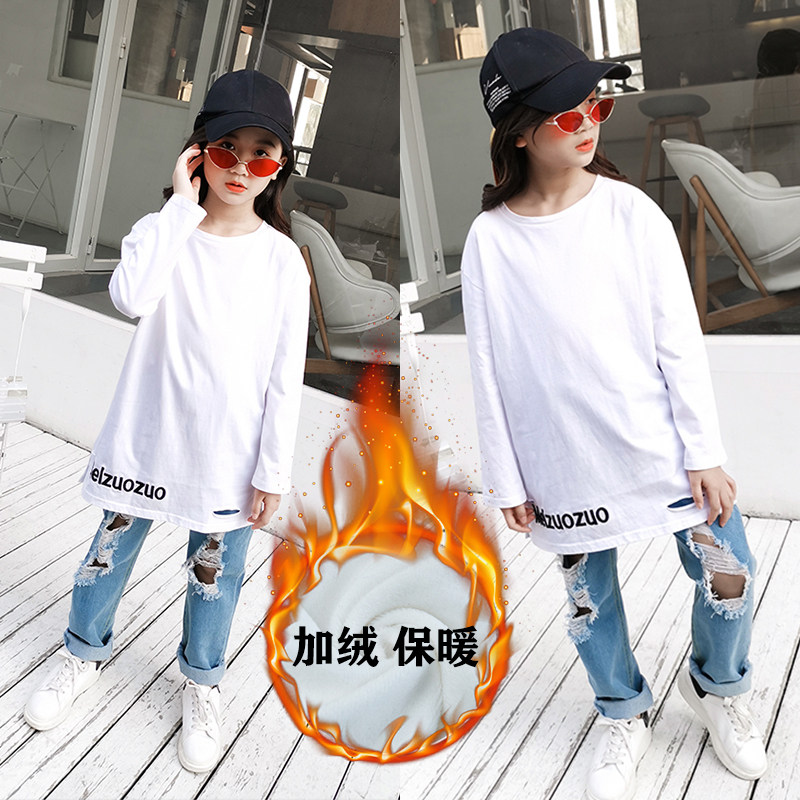 Girls' T-shirt long-sleeved 2022 autumn and winter loose foreign style big children's mid-length hole plus fleece bottoming shirt trendy 12-15 years old