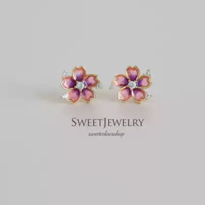 French semi-transparent gradually layer empty window enamel Cherry Cherry ear needle sterling silver gilded ear girl gift