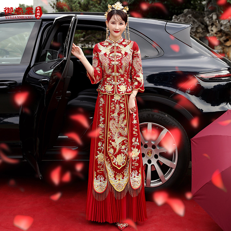 Xiuhe clothing bride 2021 new female wedding dress Chinese wedding dress out of the court dress wedding dress dragon and phoenix hanging show and