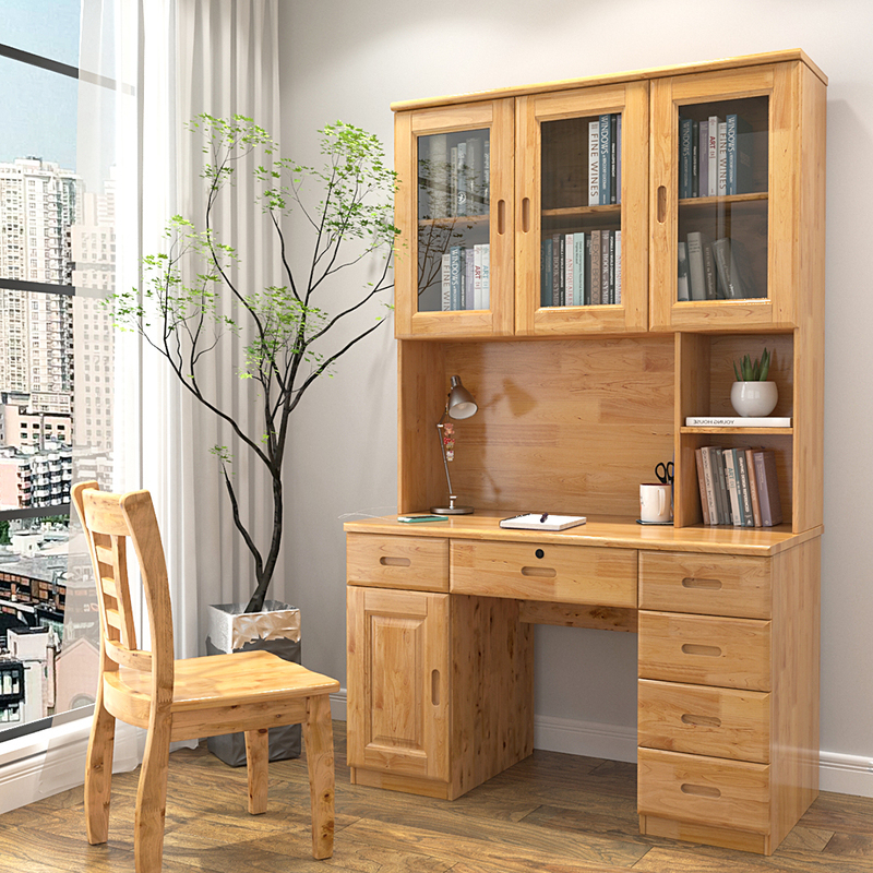 Cypress Wood Desk with Integrated Bookshelf, All Solid Wood Writing Desk with Bookcase, Study Desk, Office Computer Desk 0.9/ 1.1m