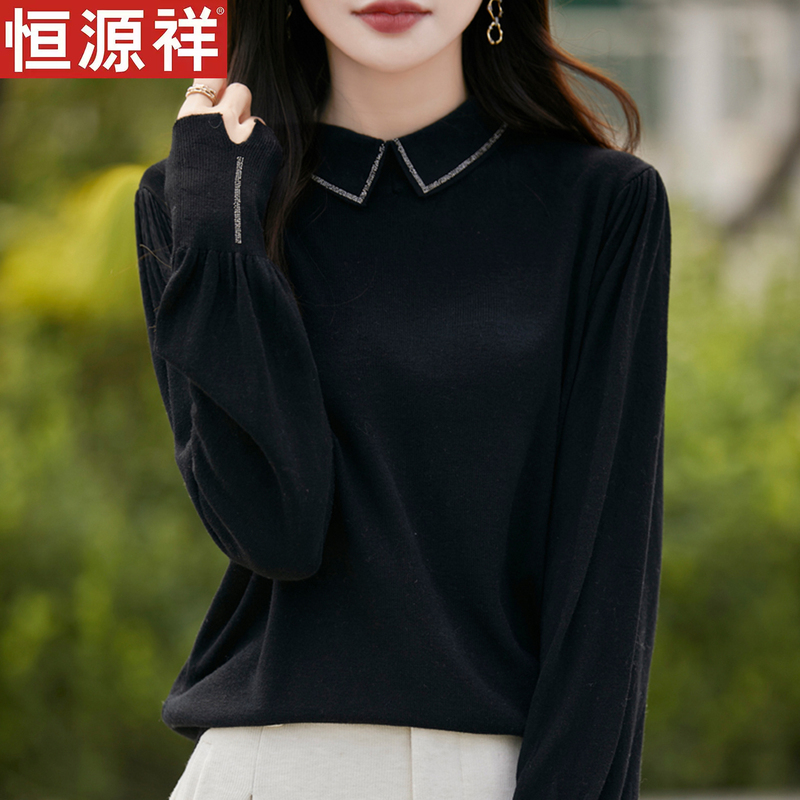 Hengyuanxiang Wool Sweater for Women with Doll Collar, Small Lapel, Elegant Loose Pullover, Fashionable Base Layer Knit Top