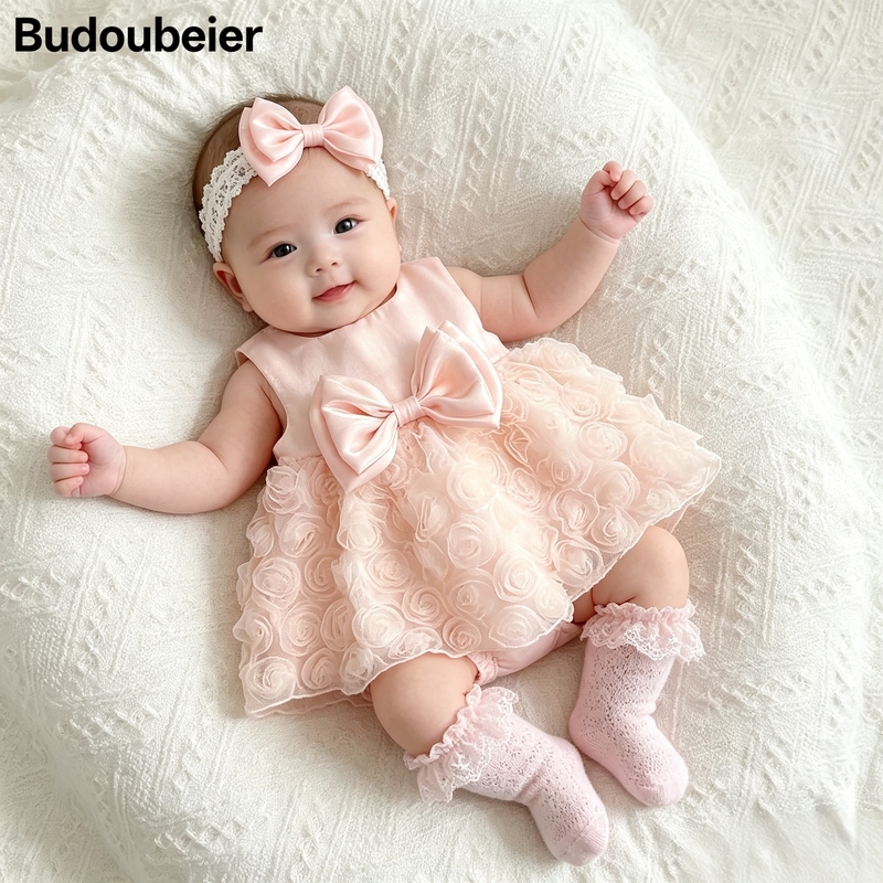 British Lace Princess Bow Full-Length Summer Sleeveless Romper Dress for Baby Girls Newborn Baby Dress