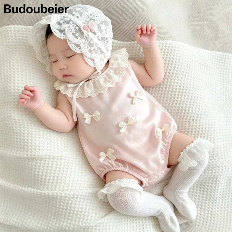 British Lace Simple Bow Romper Summer Breathable Sleeveless Triangle Crawling Suit for Baby Girls Full Month Hundred Days First Birthday