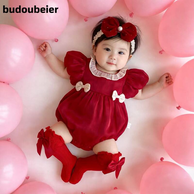 British Summer Baby Red Cute Princess Romper Full Moon Hundred-Day Birthday Dress Sweet Bow Romper