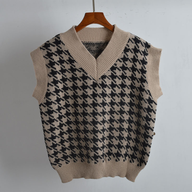 Fashionable Loose Short Houndstooth Knitted Sweater Vest for Autumn and Winter, Lazy Style, Layered Vest Top Fashionable Loose Short Houndstooth Knitted Sweater Vest for Autumn and Winter, Lazy Style, Layered Vest Top