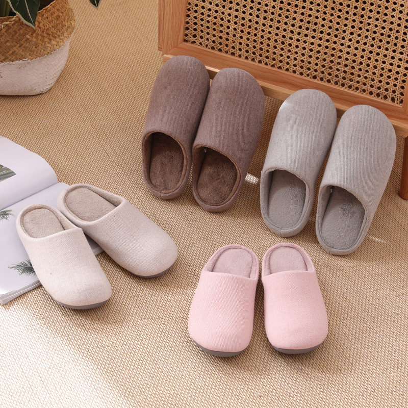 Nordic Japanese four seasons simple solid color striped knitted shoes couple home slippers non-slip wood floor rubber sole shoes