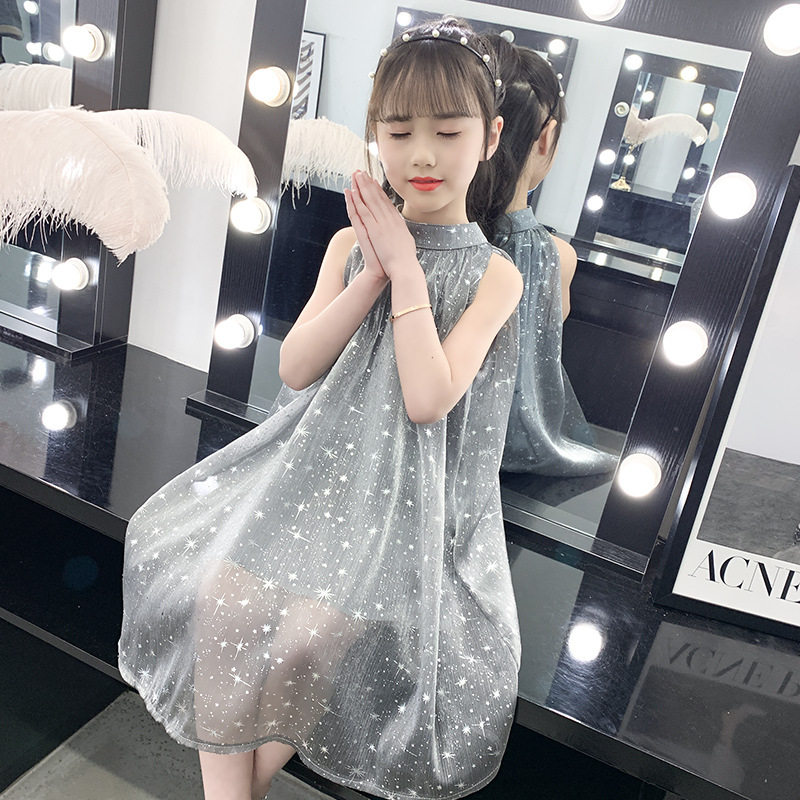 Korean Girls Dress 2022 New Summer Starry Sky Gauze Skirt in the Big Boy Princess Foreign Loose Sleeveless Skirt