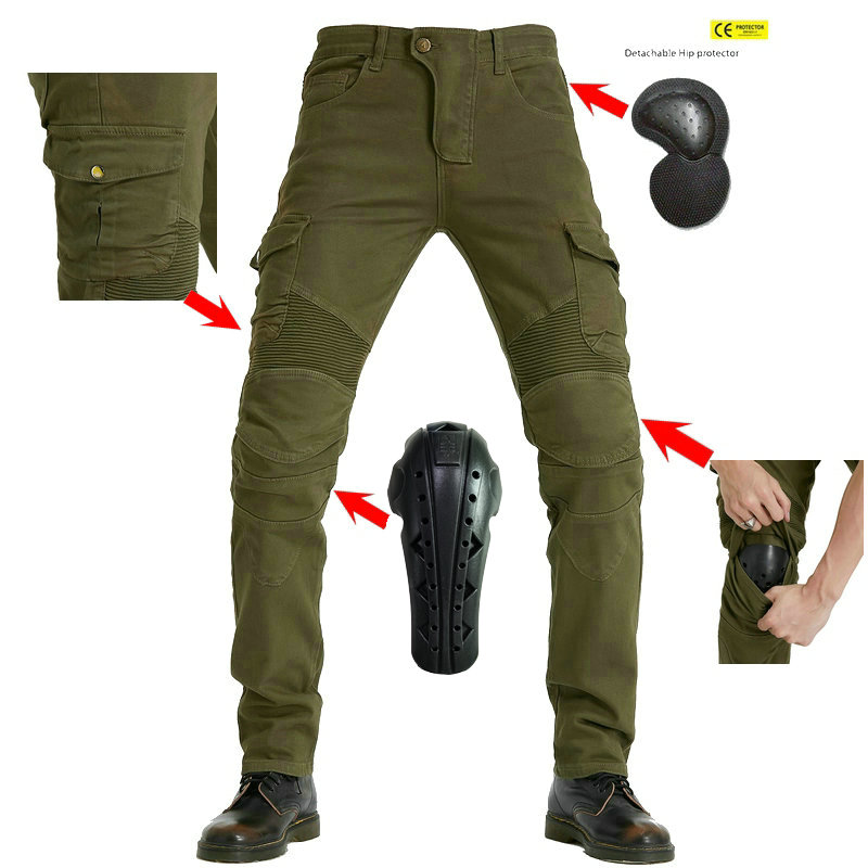 VOLERO Military Green Casual Locomotive Jeans Locomotive Riding Pants Tooling Anti-Fall Pants Lengthened Kneecap Adjustable