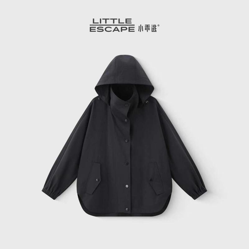 Little Good Boy Black Stand Collar Hooded Trench Coat Early Autumn Loose Fit Buttoned Puff Sleeve Jacket M6355 Little Good Boy Black Stand Collar Hooded Trench Coat Early Autumn Loose Fit Buttoned Puff Sleeve Jacket M6355