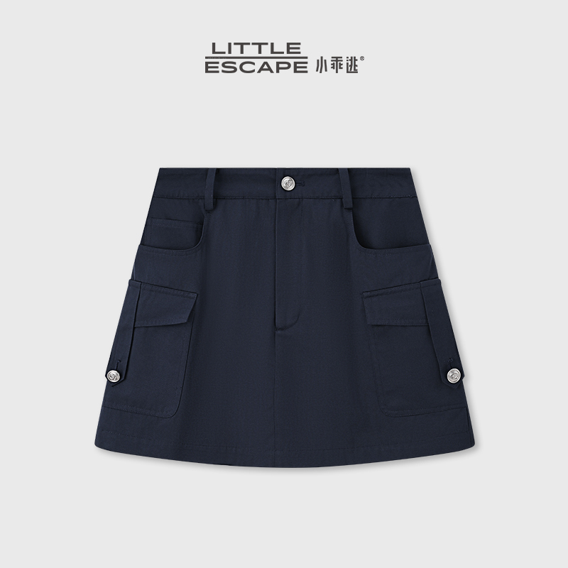 Little Good Girl Escape Jx Navy Blue Skirt Single Button Double Pockets A-Line Navy Blue Skirt with Lining Casual Skirt M8897