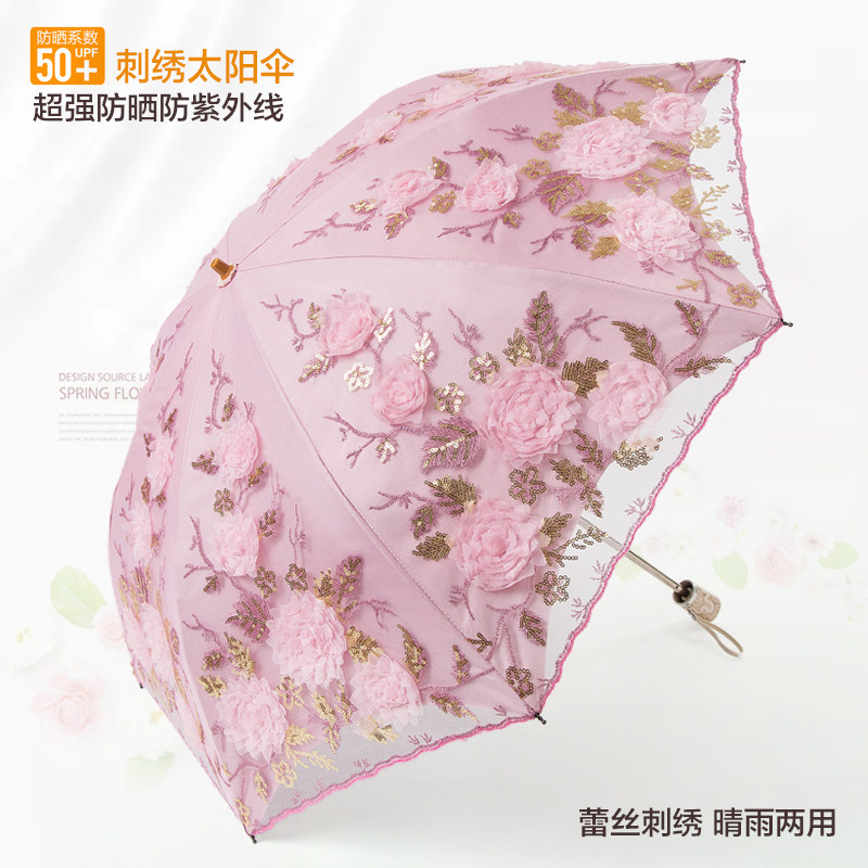 Han Edition High-end Lace Embroidery Sunscreen Sun Protection Against UV Shading Umbrella Two Fold Sunny Umbrellas and Umbrella Women
