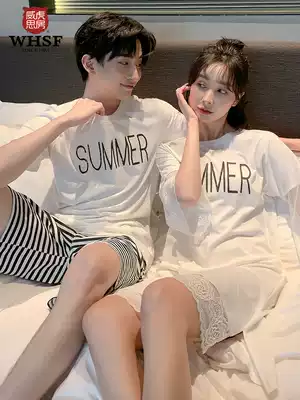 2 sets of price couple pajamas summer cotton female Korean version of loose cotton can be worn out large size men's short sleeve home wear suit