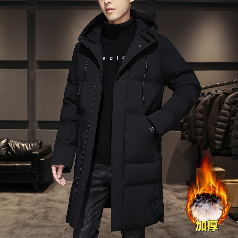 Men's down Jacket, Autumn and Winter, Mid-Length, Hooded, Extra Large, Thickened, Casual, White Duck Down, Business Coat, Black