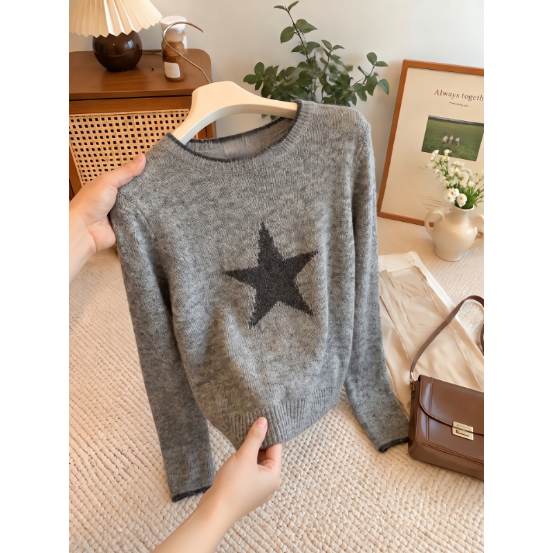 Painting Sheep【Star Sweater】Sheep Wool and Alpaca Wool Blend Color-Blocked Star Long-Sleeve Sweater