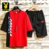 Playboy lưới màu đỏ giản dị bộ đồ thể thao nam triều thương hiệu bộ đồ cotton hai mảnh ngắn tay năm điểm cho nam giới mùa hè - Bộ đồ Bộ đồ