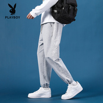  Playboy mens casual pants summer mens and womens same style mens pants slim straight loose youth trend sweatpants thin