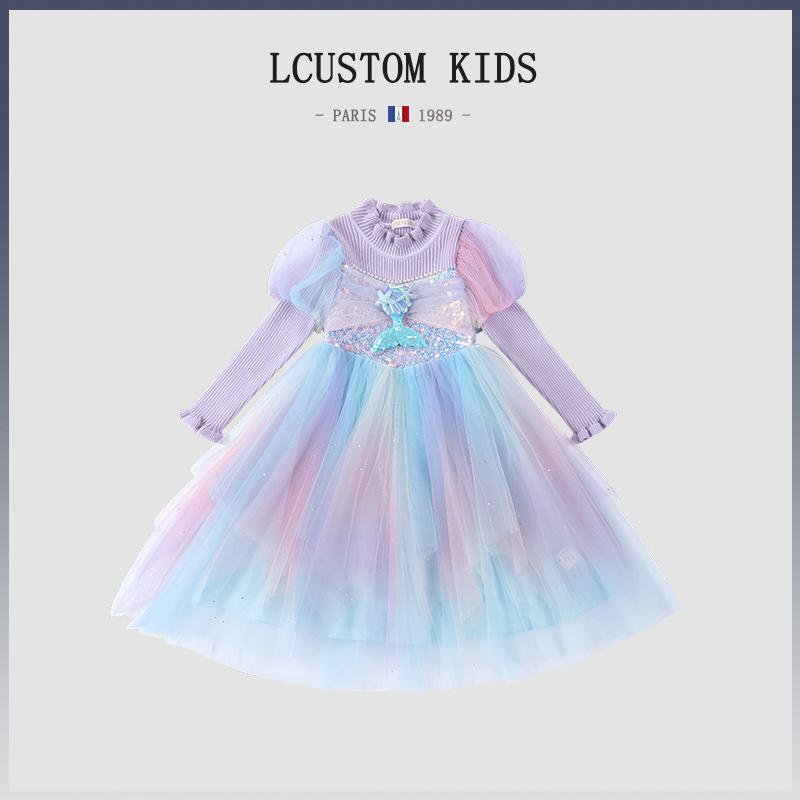 French Lcustom New Autumn and Winter Girls' Sweater Princess Dress Girl's Stylish Mermaid Classy Birthday Dress