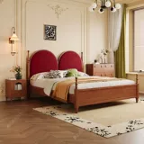 森纵 Кровать из цельного дерева, двуспальная кровать 1,8x2 м, современная простая французская главная спальня, домашняя свадебная кровать с мягкой спинкой 1,5 м