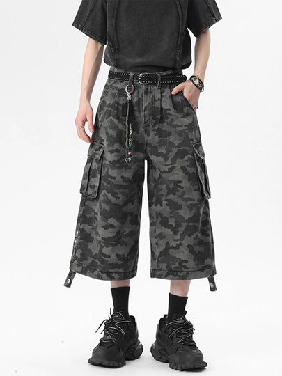 美式大口袋设计迷彩七分裤男夏季痞帅过膝短裤宽松直筒工装阔腿裤