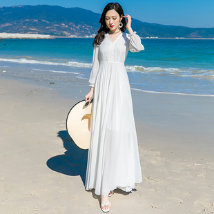 海边度假长袖大摆飘逸裙收腰气质连衣裙波西米亚长裙沙滩裙仙白色