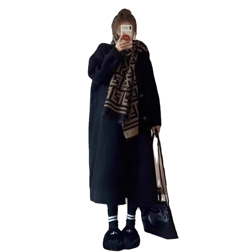 Шерстяной длинный пуховик, зимнее черное шерстяное пальто, средней длины, подходит для подростков, в корейском стиле