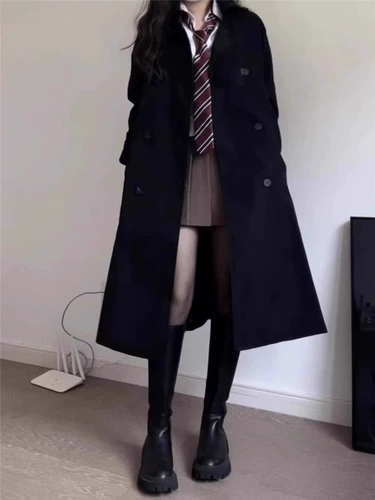 Черный плащ, длинная осенняя небольшая куртка, средней длины, в корейском стиле, подходит для подростков, в британском стиле