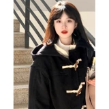 Черное зимнее шерстяное пальто с капюшоном, коллекция 2023, подходит для подростков