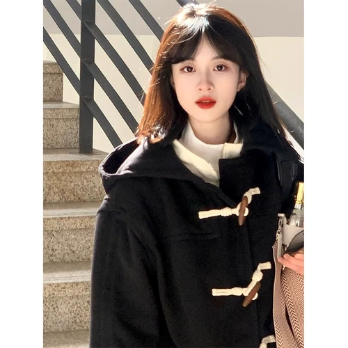 Черное зимнее шерстяное пальто с капюшоном, коллекция 2023, подходит для подростков