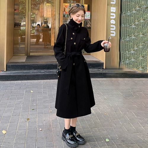 Зимний приталенный черный длинный корсет, шерстяное пальто, изысканный стиль, средней длины