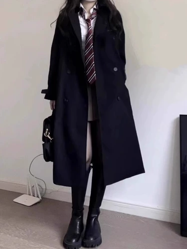 Черный плащ, длинная осенняя небольшая куртка, средней длины, в корейском стиле, подходит для подростков, в британском стиле