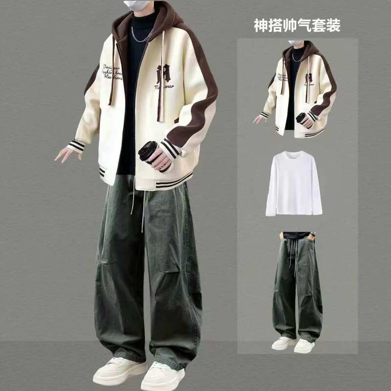 Men's Casual Sports Suit, Autumn Hooded Cardigan Sweatshirt, Handsome Three-Piece Set for Teenagers, Fashionable and Versatile Men's Clothing