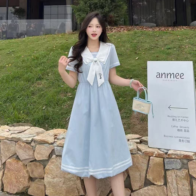 College Style Navy Collar Dress for Women 2026 Summer Bow Tie Waist-Cinching A-Line Skirt Blue Mid-Length Slimming Dress