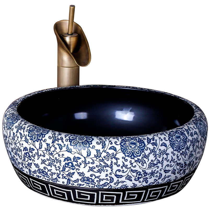 The stage basin of jingdezhen blue and white round ceramic lavabo art basin of Chinese style household hotel toilet lavatory