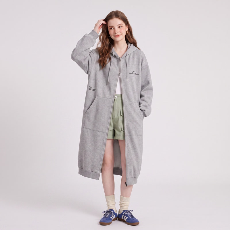 Gray Hooded Long Sweatshirt Jacket for Women 2026 Spring & Fall New Korean Style Loose Zipper Over-The-Knee Long Cardigan Gray Hooded Long Sweatshirt Jacket for Women 2026 Spring & Fall New Korean Style Loose Zipper Over-The-Knee Long Cardigan